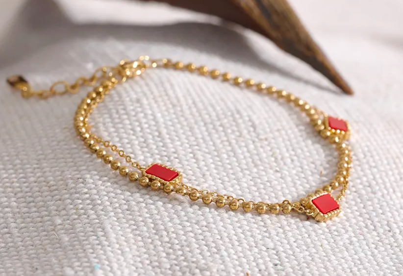 Red rectangle double chain bracelet