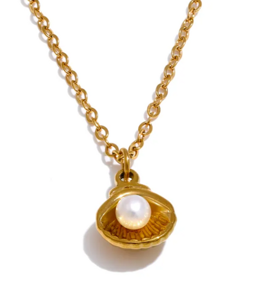 Pearl in golden shell necklace