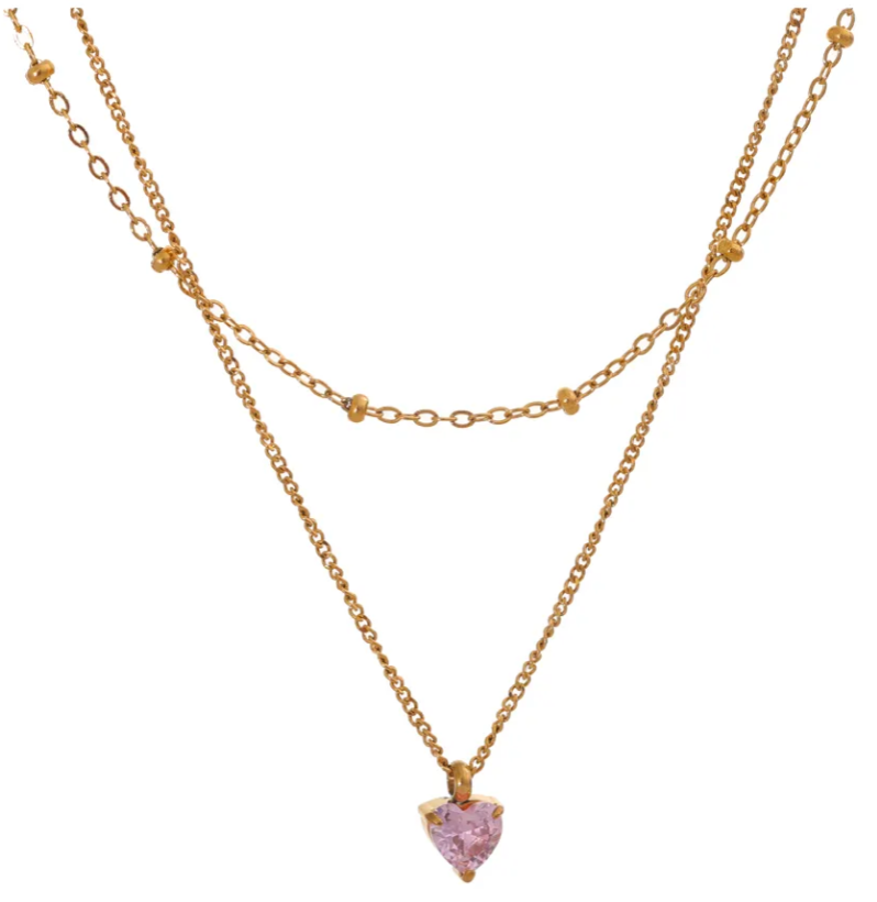 Double Layered Necklace With Pink Heart Pendant