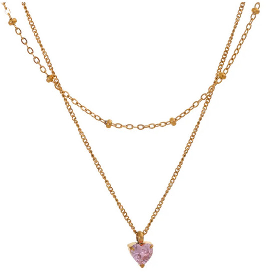 Double Layered Necklace With Pink Heart Pendant
