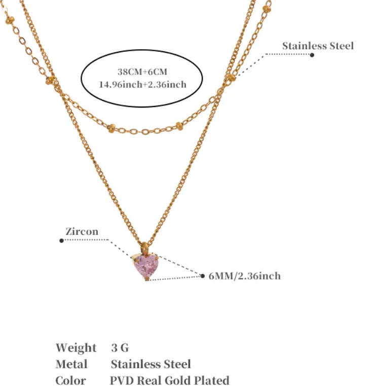 Double Layered Necklace With Pink Heart Pendant