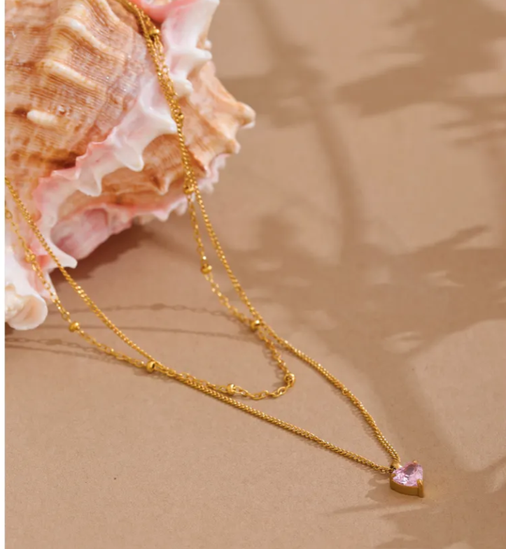 Double Layered Necklace With Pink Heart Pendant