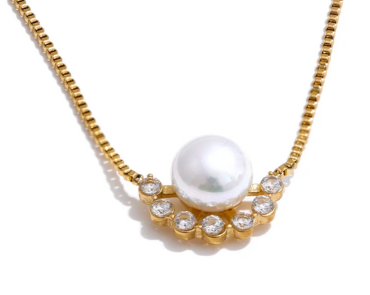 Pearl On Zircon Flower Necklace