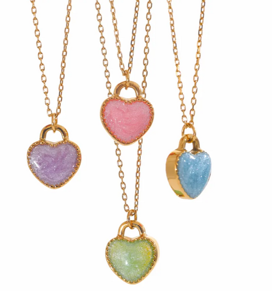 Double Sided Enamel Heart Pendant Necklace (Pink-Blue)