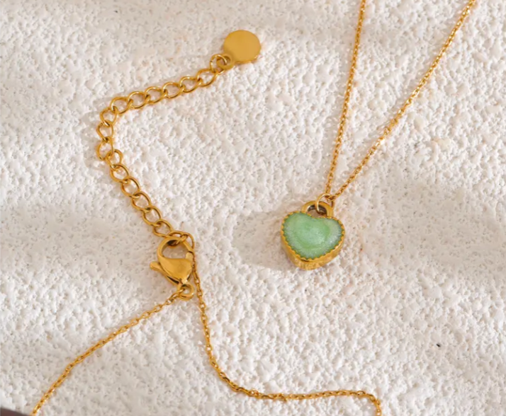 Double Sided Enamel Heart Pendant Necklace (Green-Purple)