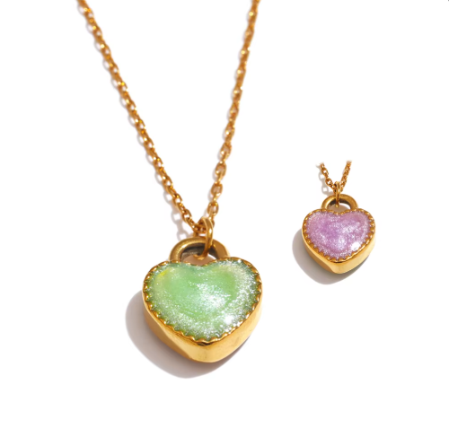 Double Sided Enamel Heart Pendant Necklace (Green-Purple)