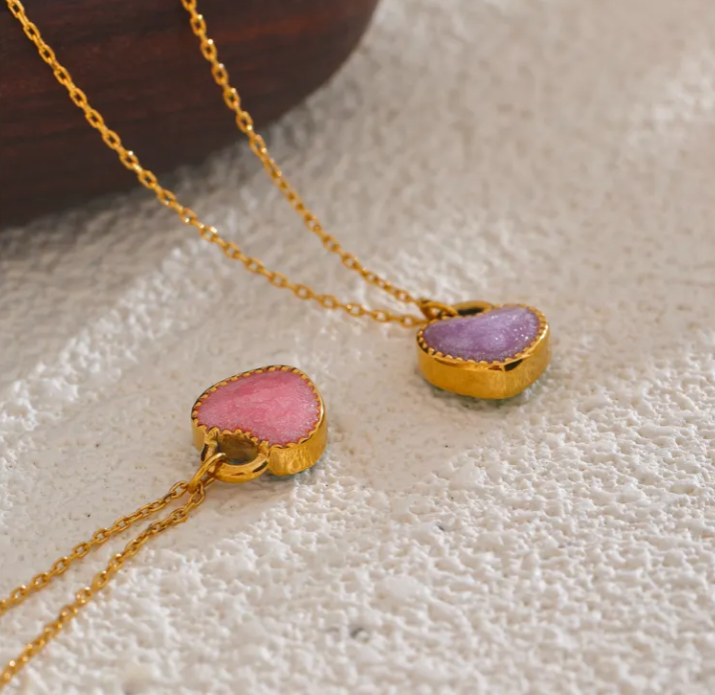 Double Sided Enamel Heart Pendant Necklace (Pink-Blue)