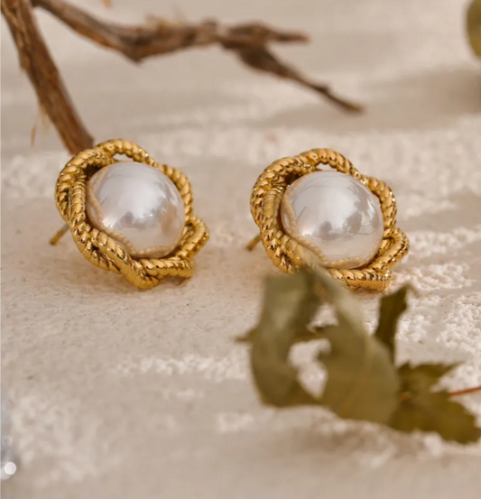 Large Pearl In Twisted Gold Rope Earrings