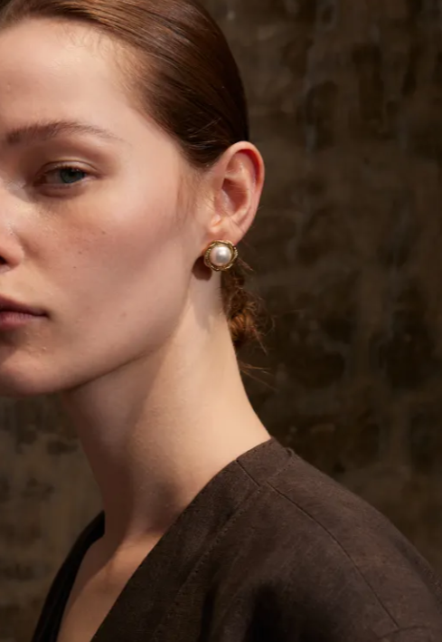 Large Pearl In Twisted Gold Rope Earrings