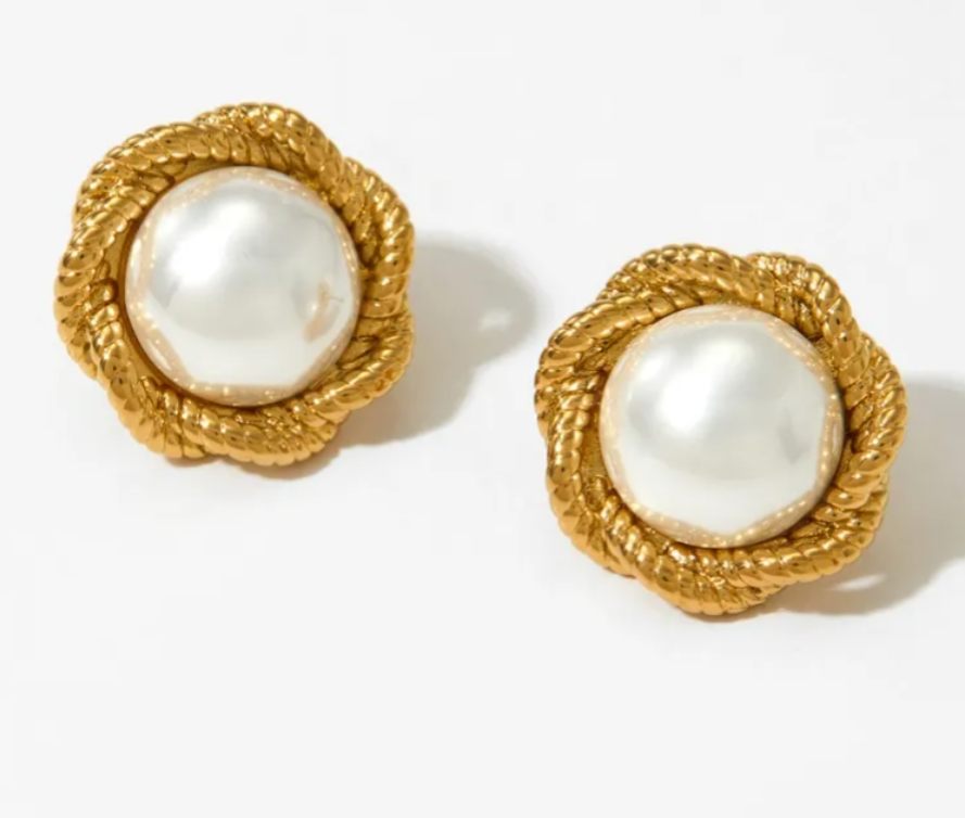 Large Pearl In Twisted Gold Rope Earrings