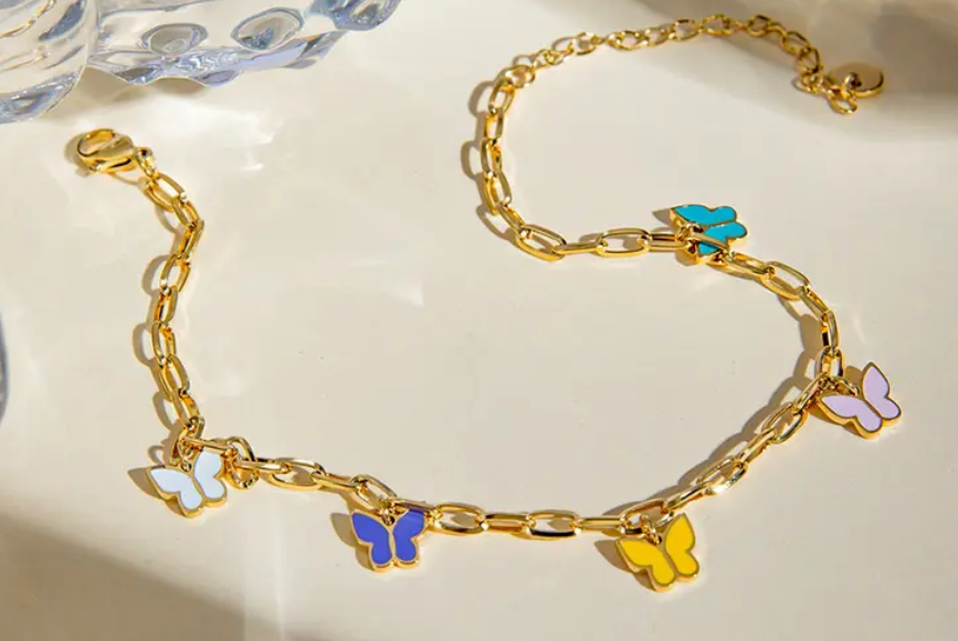 Enamel Butterfly Drop Chain Bracelet
