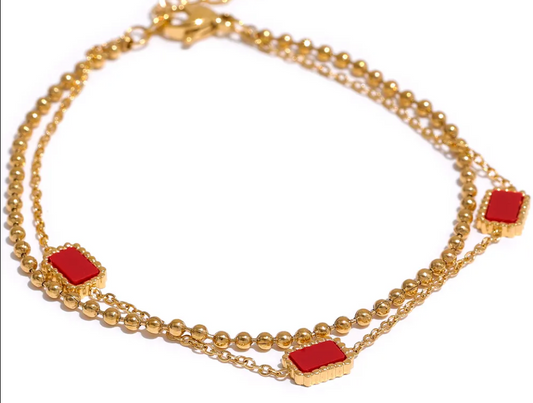 Red rectangle double chain bracelet