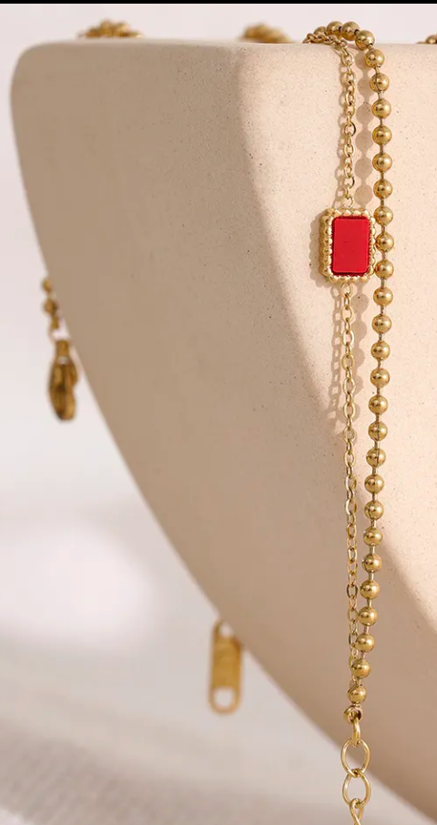 Red rectangle double chain bracelet