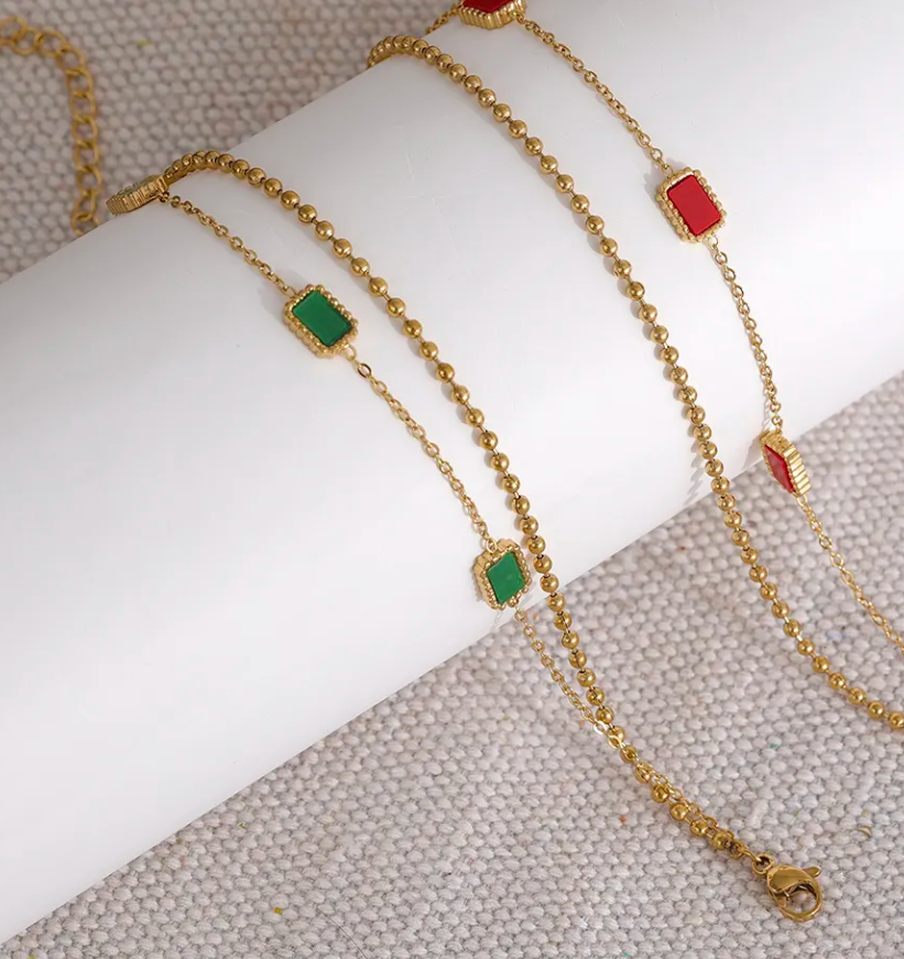 Green rectangle double chain bracelet