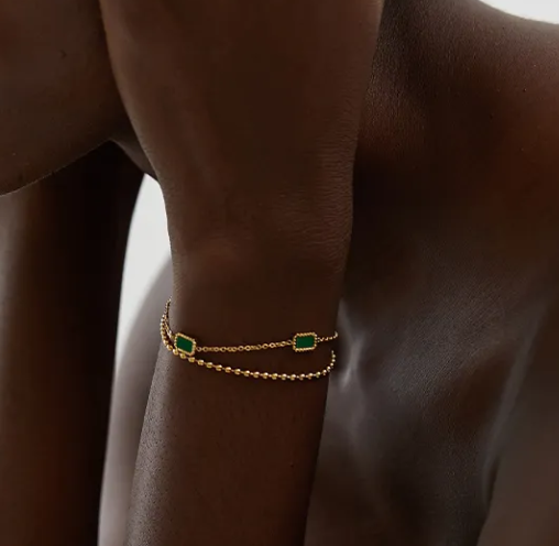 Green rectangle double chain bracelet
